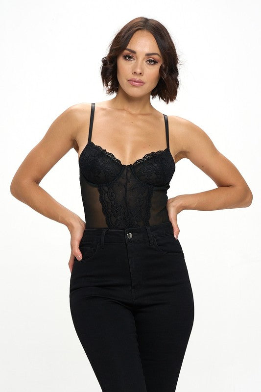 Mesh With Lace Trim Bodysuit