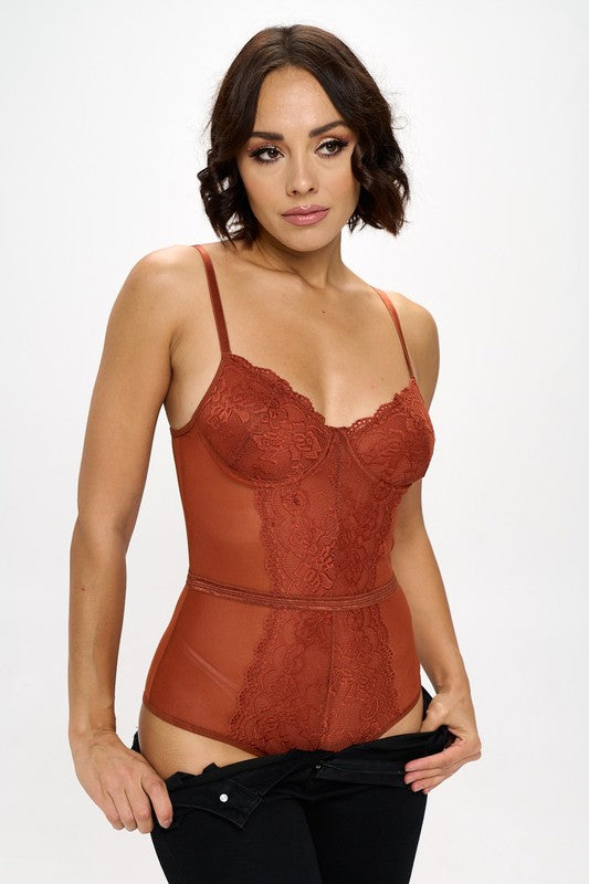 Mesh With Lace Trim Bodysuit