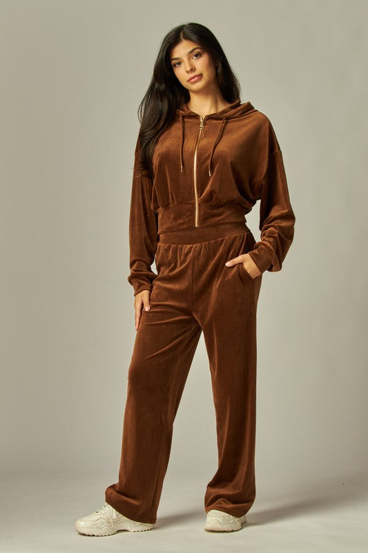 Velour Zip Up Hoodie Pants Jogger Set