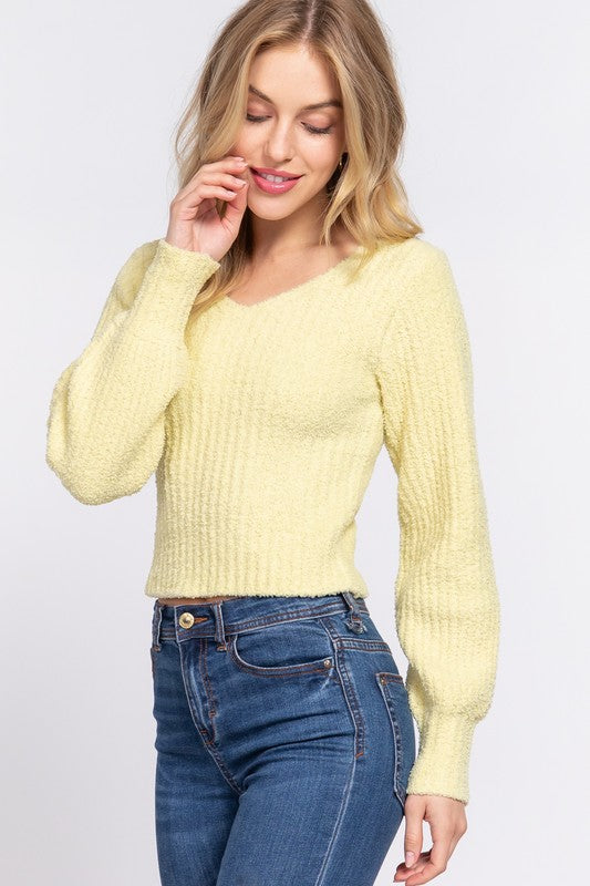 Puff Sleeve V-neck Rib Sweater