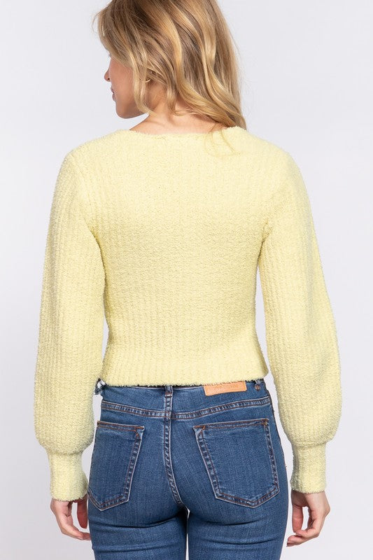 Puff Sleeve V-neck Rib Sweater