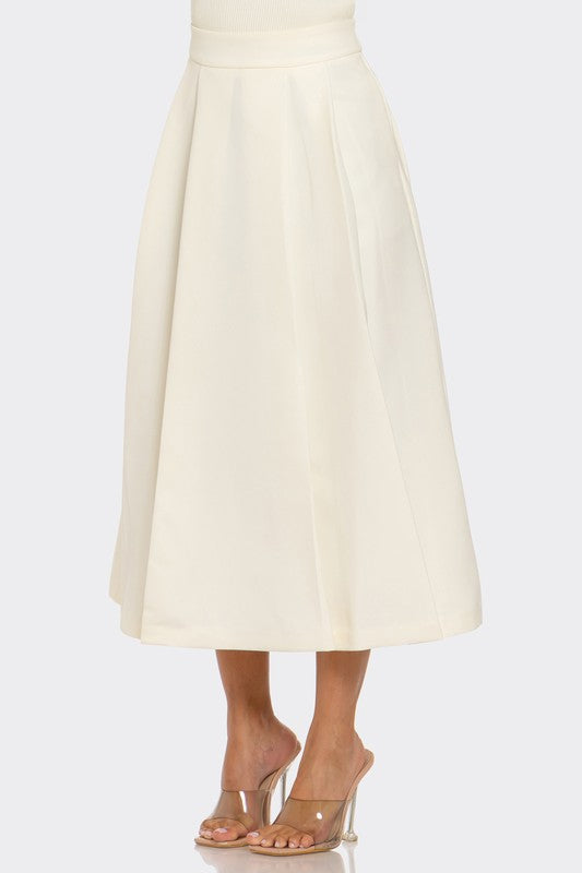 Pleat Front High Waist Midi Skirt