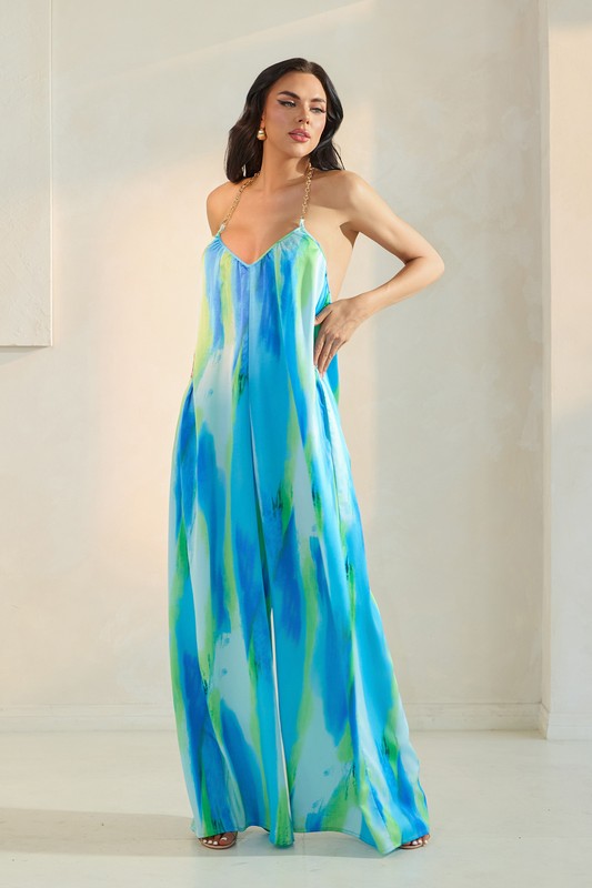 Chained Halter Printed Jumpsuit