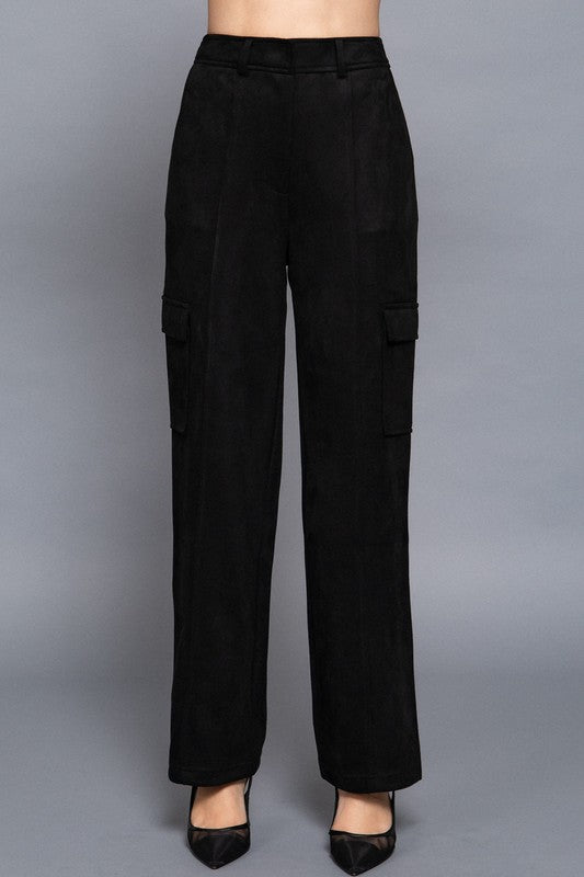 High Waist Straight Line Suede Cargo Pants