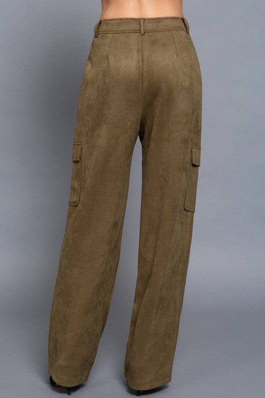 High Waist Straight Line Suede Cargo Pants