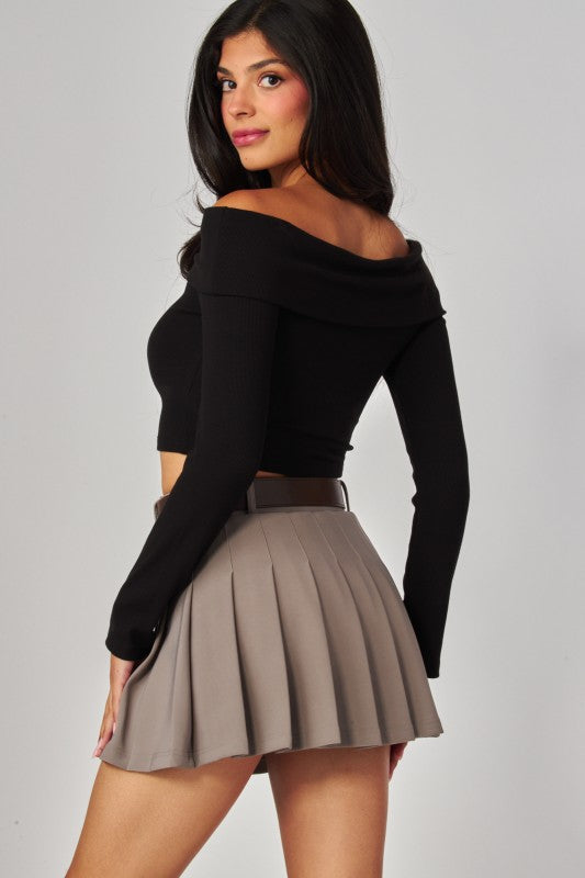 Scuba Belted Pleated Mini Skirt Skort