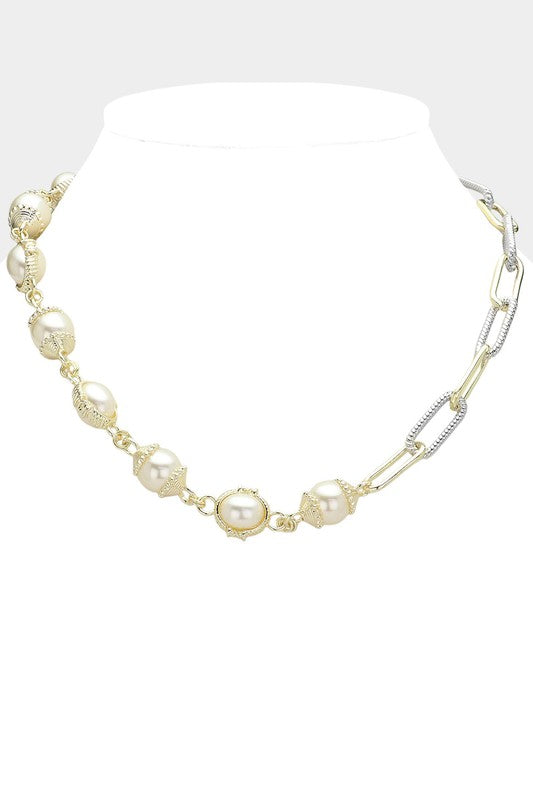14k Pearl Cz Paper Clip Chain Toggle Necklace