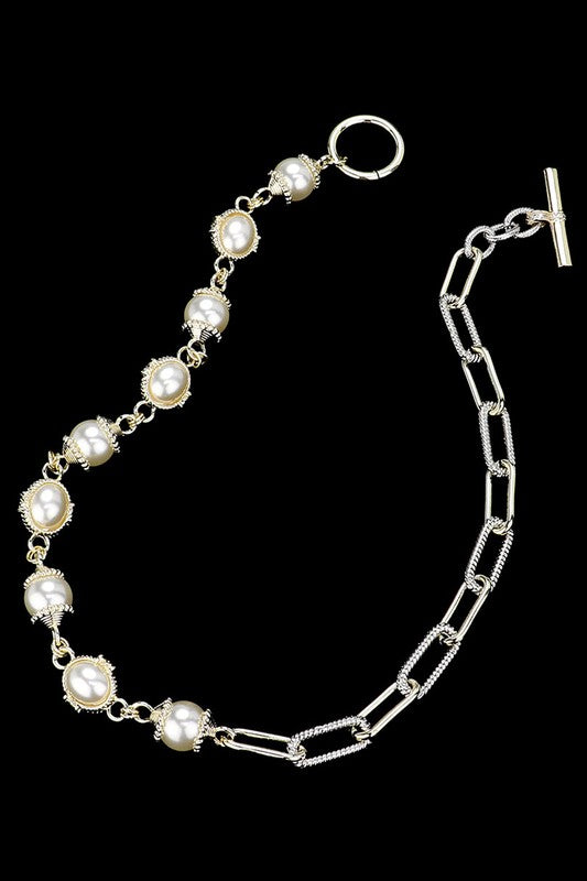 14k Pearl Cz Paper Clip Chain Toggle Necklace