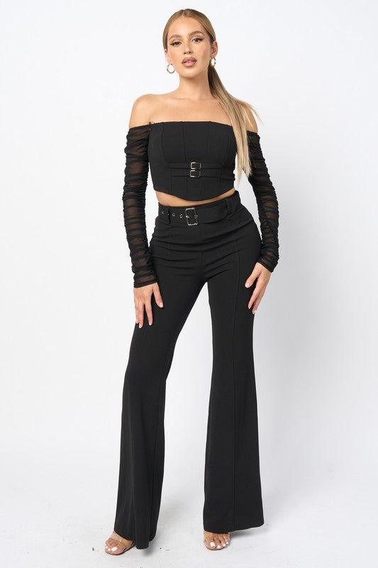 Luxe Buckle Belted Cropped Top & Belted Pants Set