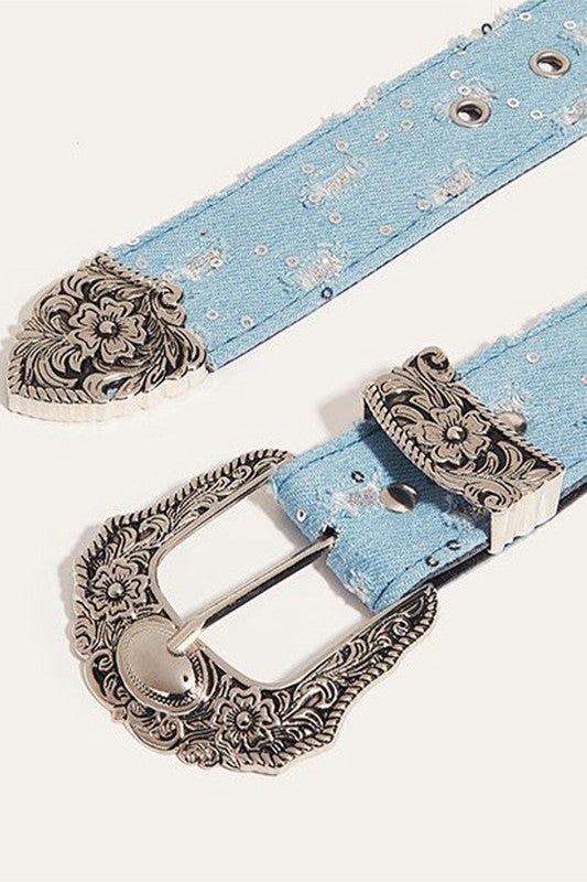 Denim Engraved Buckle Strap Belt