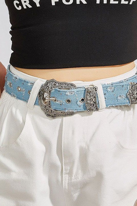 Denim Engraved Buckle Strap Belt