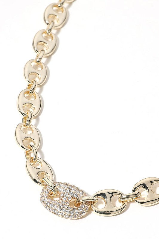 14k Gold Plated Cz Stone Mariner Link Necklace