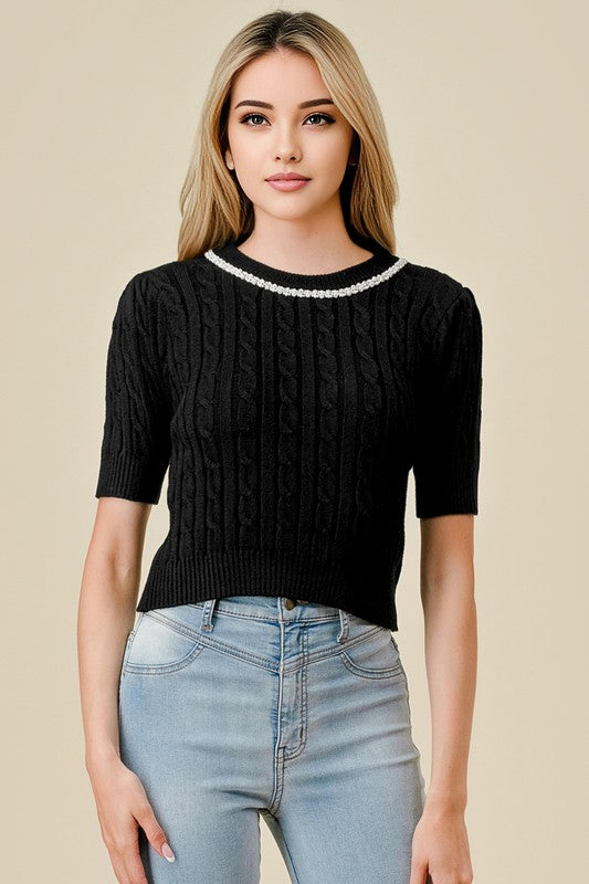 Cable Knit Puffed Sleeve Jeweled Sweater Top