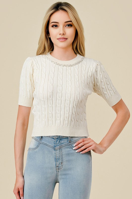 Cable Knit Puffed Sleeve Jeweled Sweater Top