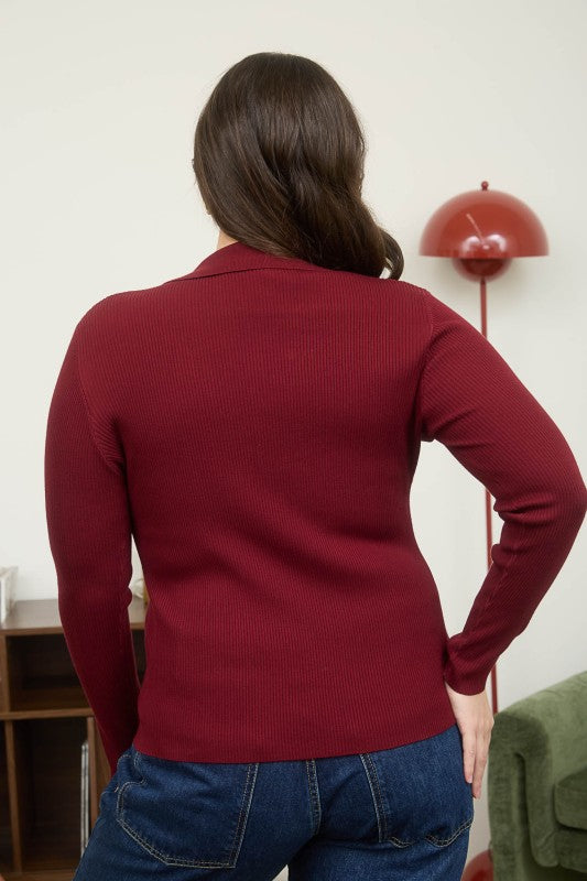 Plus Collard Gold Button Long Sleeve Sweater