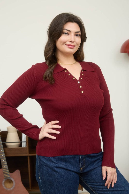 Plus Collard Gold Button Long Sleeve Sweater