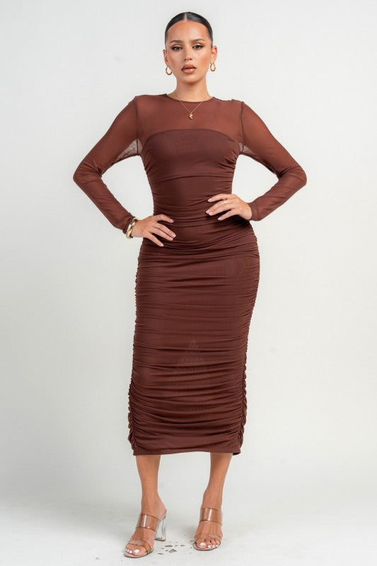 Round Neck Long Slv Ruching Midi Bodycon Dress