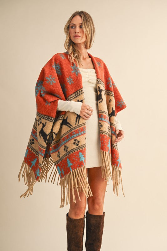 Printed Fringed Oversized Cape