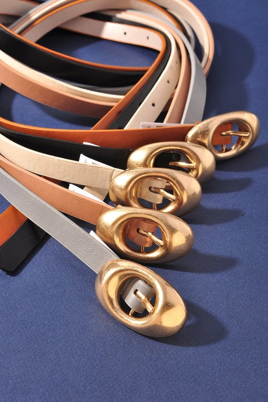 Faux Leather Oval Buckle Skinny Belt