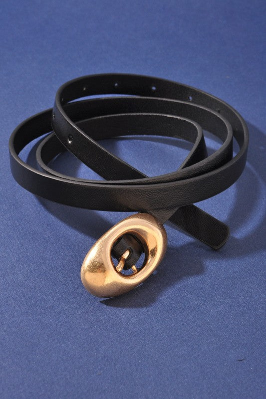Faux Leather Oval Buckle Skinny Belt