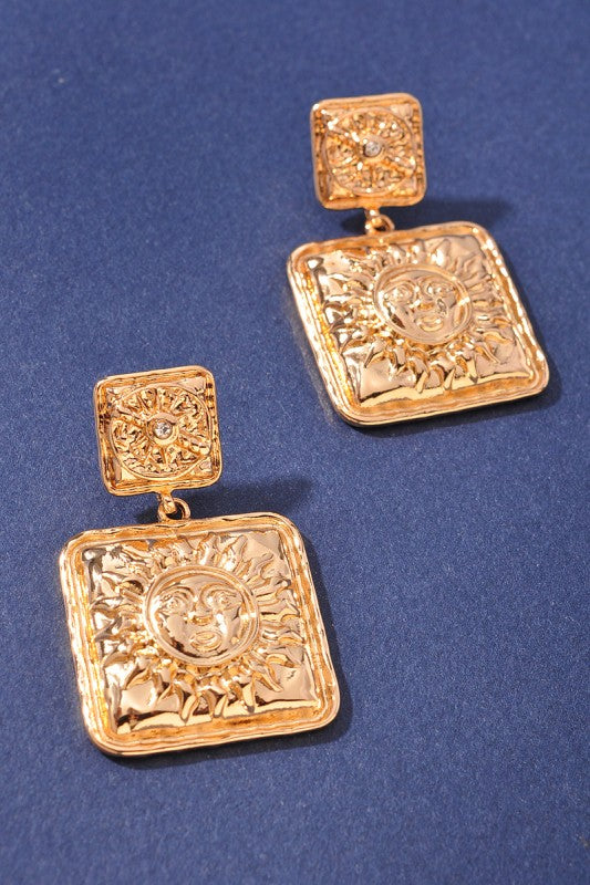Textured Metal Sun Square Drop Earring