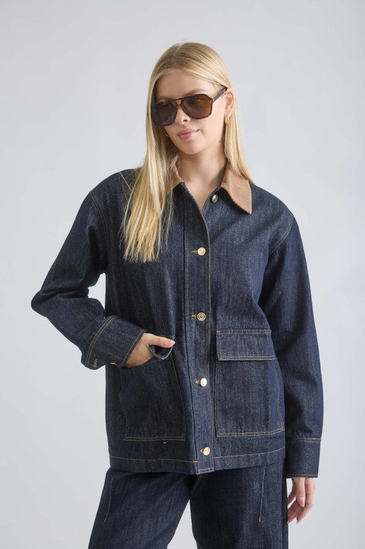 Corduroy Collar Pocket Detail Denim Jacket