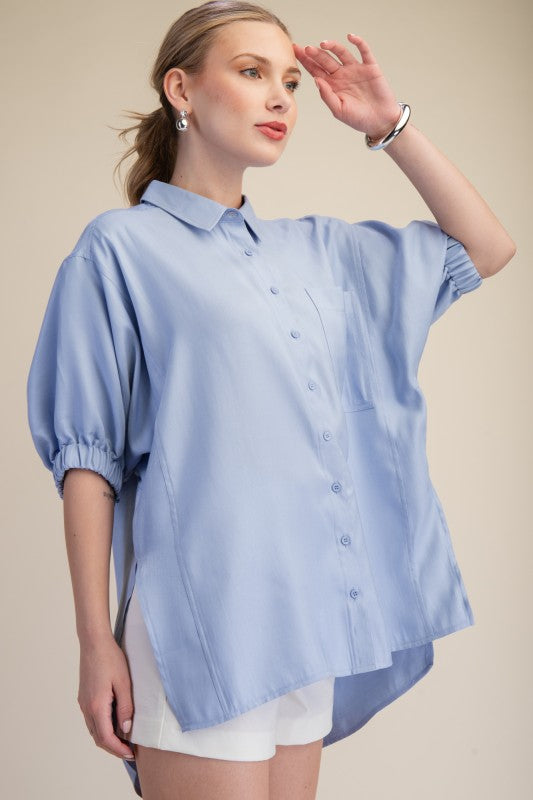 Collar Puff Sleeves Button Down Relaxed Shirt
