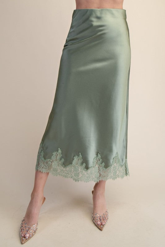 Elegant High Waist Midi Lace Satin Skirt