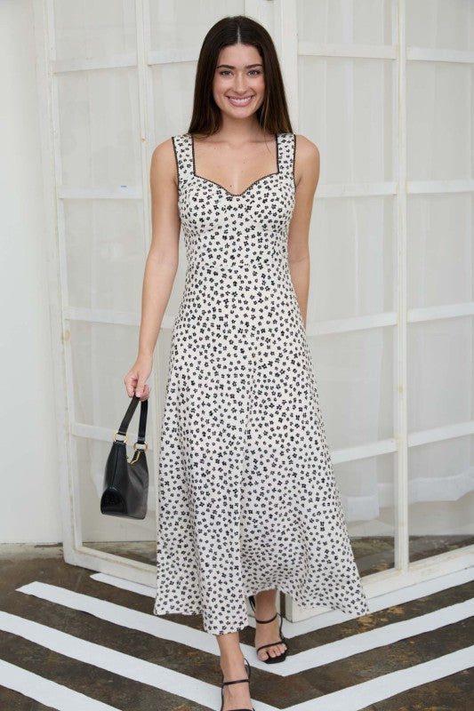 Floral Sweetheart Neck Trim Detail Midi Dress
