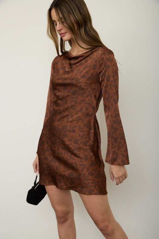 Floral Cowl Neck Long Sleeve Mini Dress