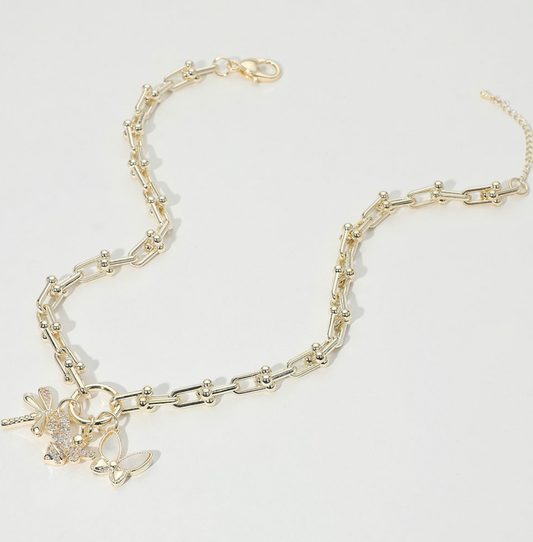 14K Gold Plated CZ Stone Paved Dragonfly Necklace