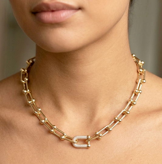 CZ Pave Accent Industrial Link Chunky Chain Necklace