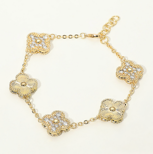 14K Gold Dipped CZ Pave Quatrefoil Charm Link Bracelet