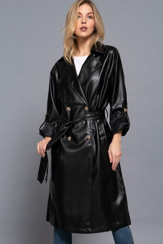 Lapel Collar Double Breasted Faux Leather Trench Coat