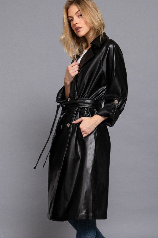 Lapel Collar Double Breasted Faux Leather Trench Coat