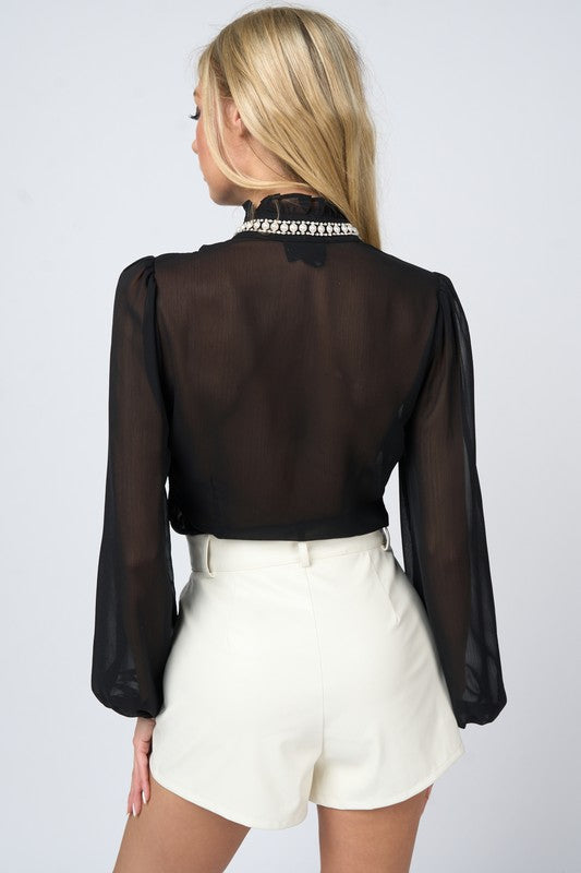 Luxe Chiffon Pearl Rhinestone Trim Collared Shirt