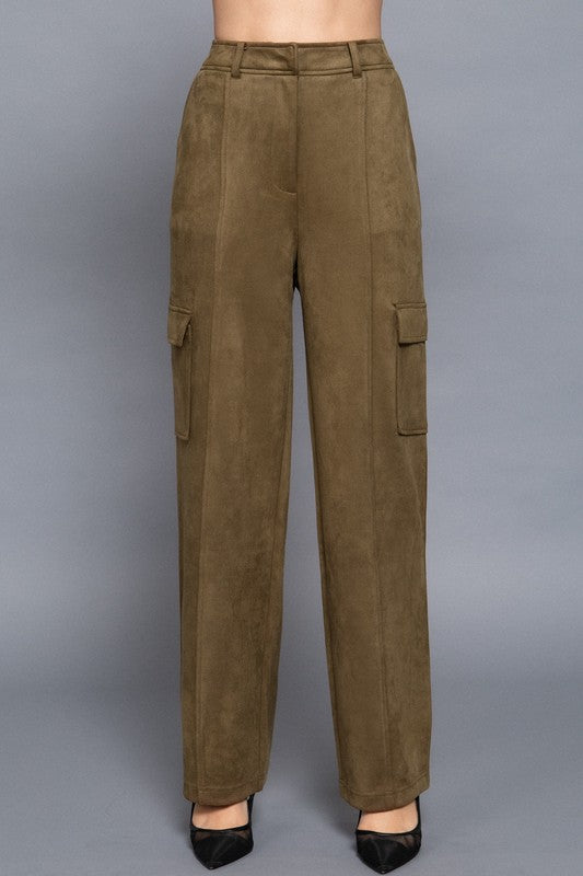 High Waist Straight Line Suede Cargo Pants