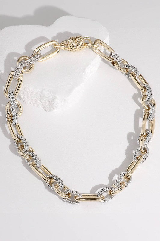 14k Gold Two Tone Textured Chain Magnetic Necklace