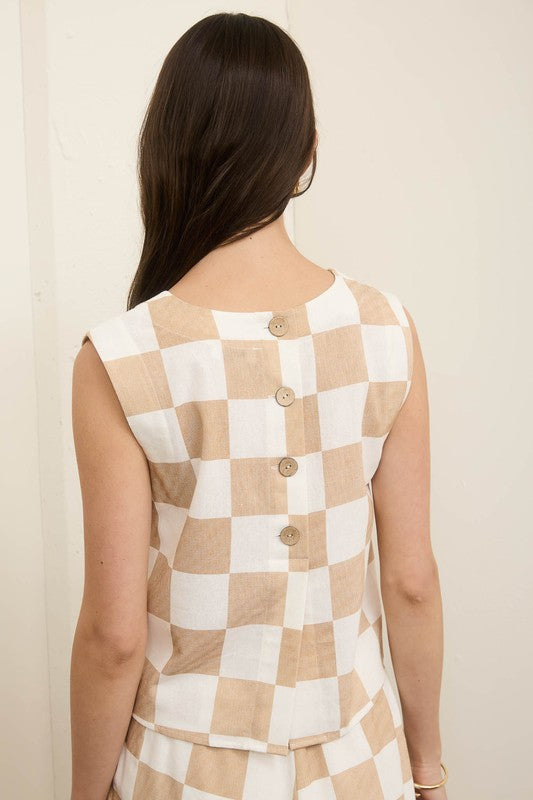 Checkered Sleeveless Linen Crop Top