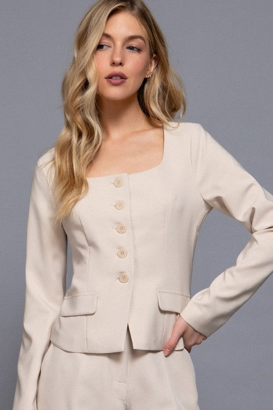 Long Sleeve Square Neck Body Fitted Blazer