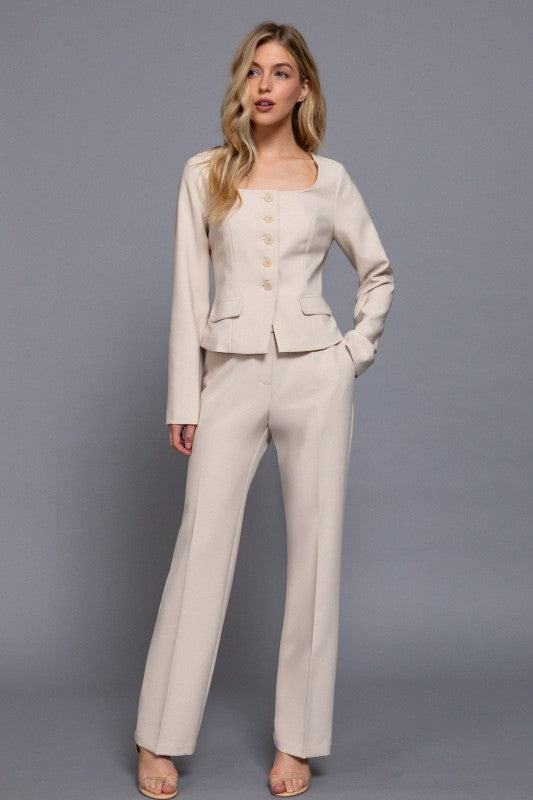 Long Sleeve Square Neck Body Fitted Blazer