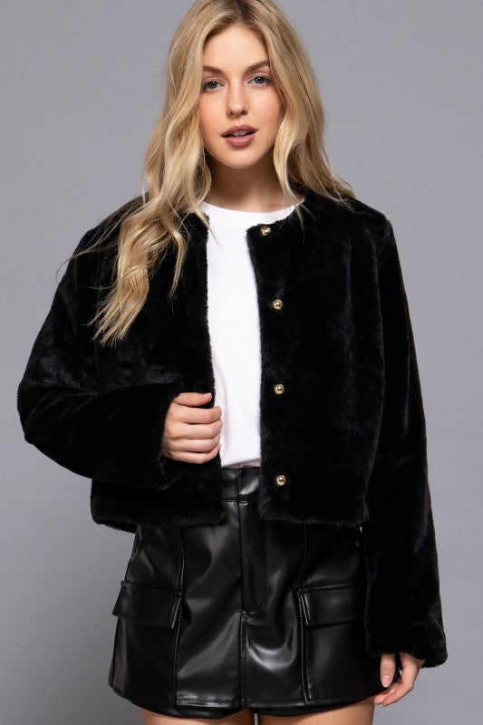 Long Sleeve Faux Fur Crop Length Blazer