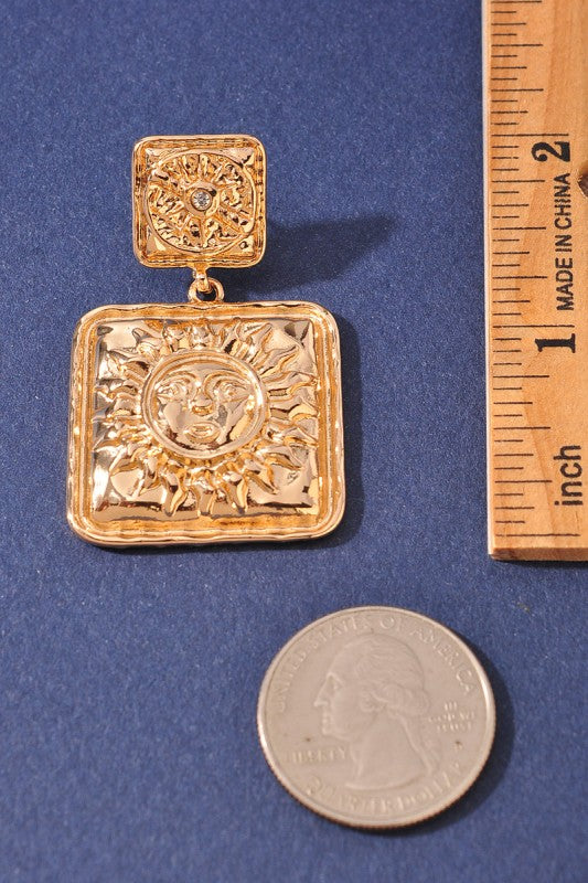 Textured Metal Sun Square Drop Earring
