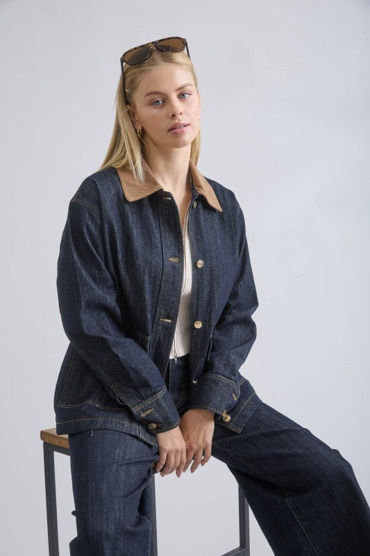 Corduroy Collar Pocket Detail Denim Jacket