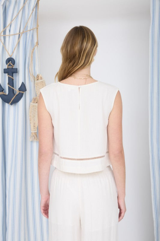 Sleeveless Ladder Lace Trim Linen Crop Top