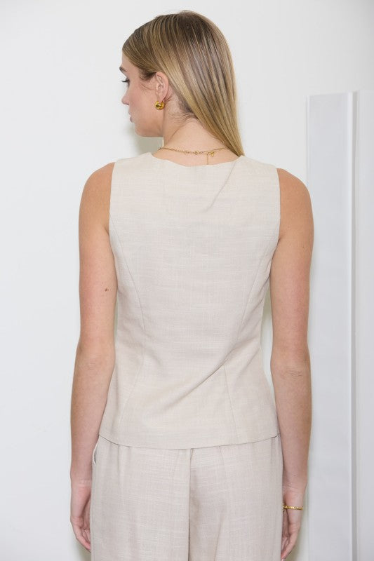 V Neck Button Down Sleeveless Linen Vest Top
