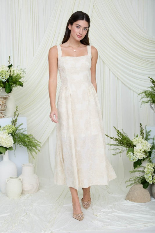 Floral Jacquard Pattern Sleeveless Midi Dress