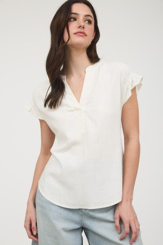Split Neck Ruched Sleeve & Back Linen Blouse