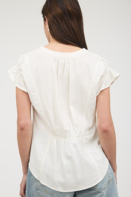 Split Neck Ruched Sleeve & Back Linen Blouse