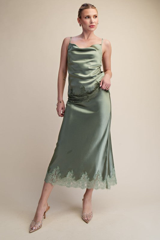 Elegant High Waist Midi Lace Satin Skirt